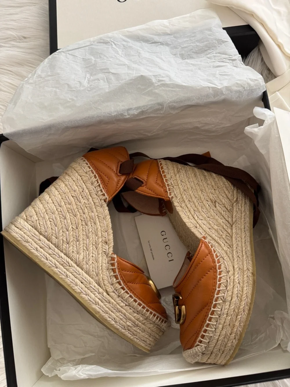 ✨ Gucci Marmont Espadrille Platform Sandals – Cognac Leather (Size 36) ✨